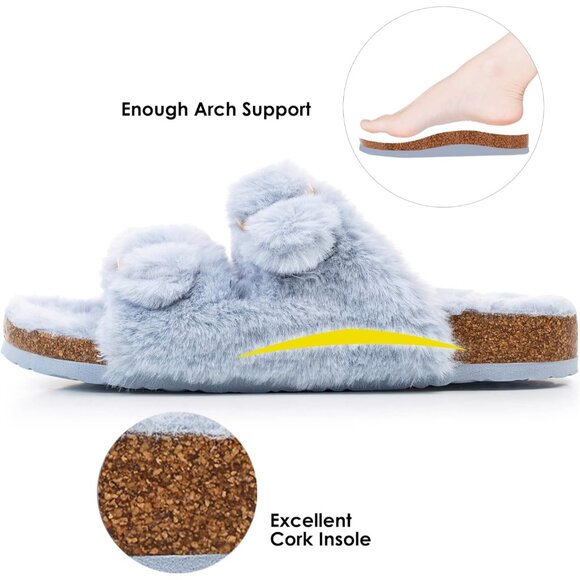 Women's Light Blue Cozy Lining Faux Rabbit Fur Cork Open Slipper Sandals Shoes - Picture 4 of 7